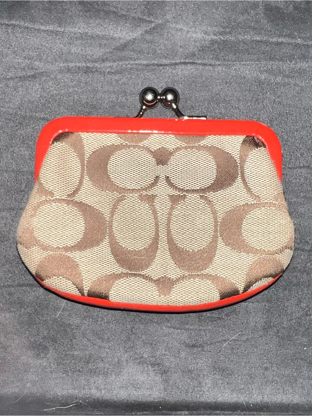 VINTAGE COACH Kisslock Coin Pouch Wallet Tan Jacquard w Red Leather w Silver